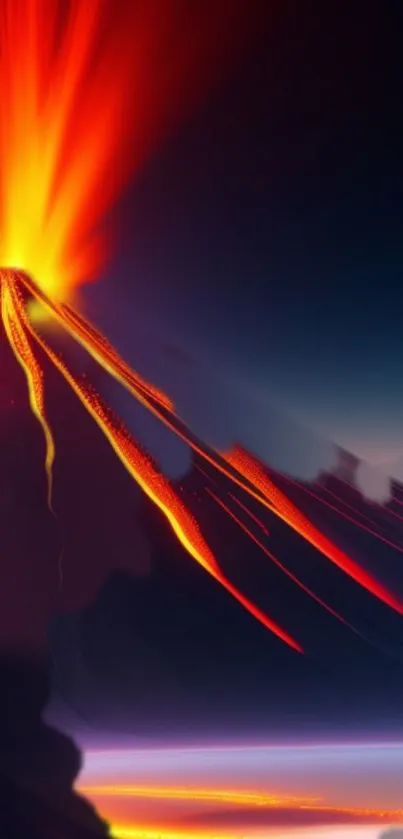 Artistic depiction of a volcano eruption with fiery lava flows on a dark backdrop.