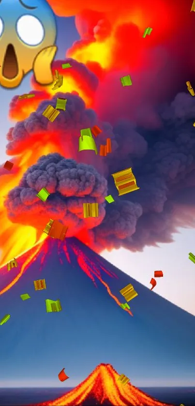 Vibrant volcano eruption with emoji on mobile wallpaper.