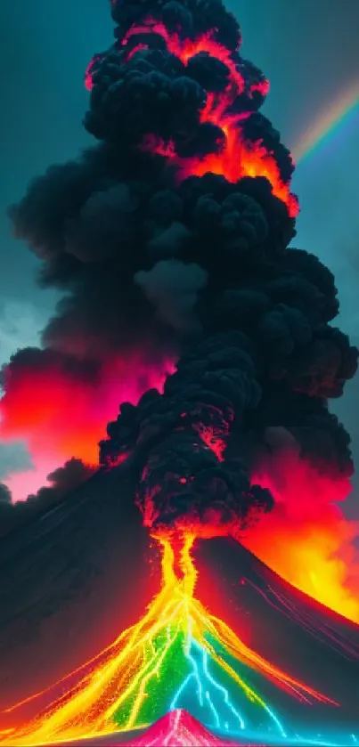 Vibrant volcano eruption with rainbow and lava.