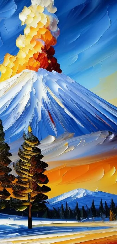 Vibrant oil-style painting of a volcanic landscape with vivid colors.