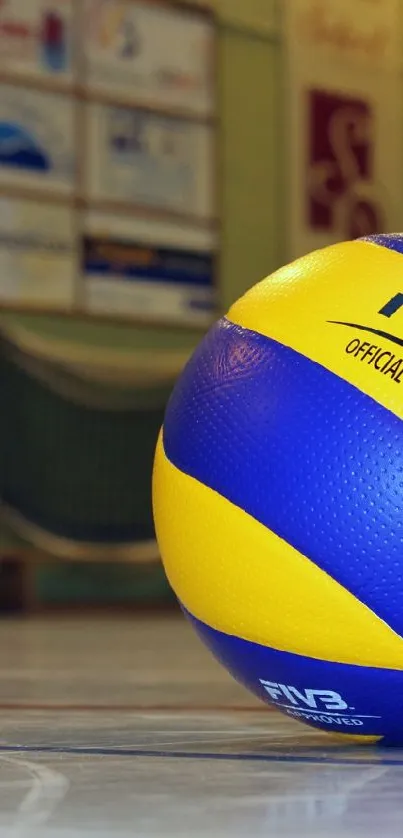 Blue and yellow volleyball on a court floor.