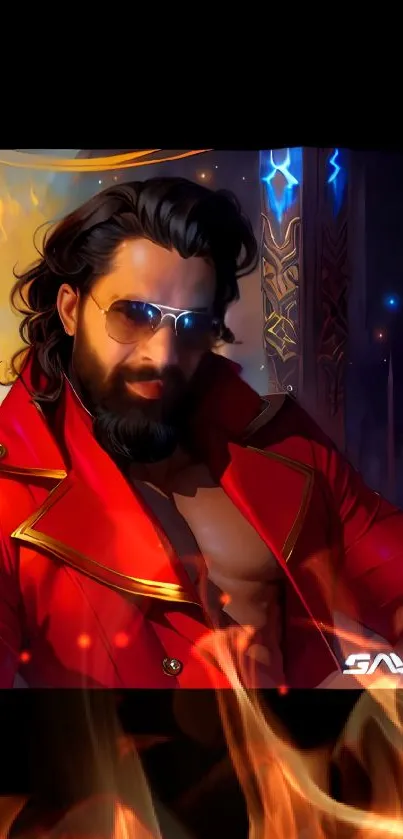 Fantasy warrior art in red jacket with vibrant background.