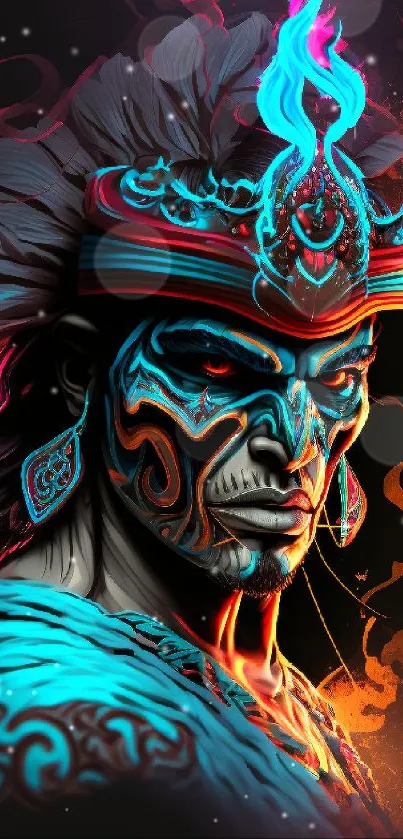 Neon warrior with tribal design and vibrant colors on dark background.