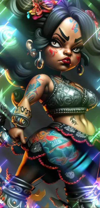 Dynamic warrior character with tattoos in colorful art style.