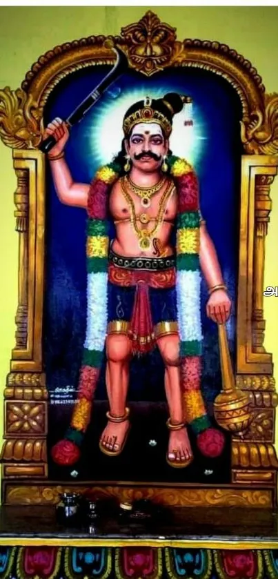 Colorful depiction of a warrior deity in traditional attire with ornate frame.