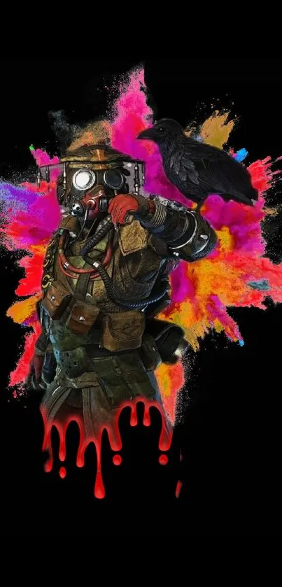 Futuristic warrior with vibrant paint splash and crow on black background.