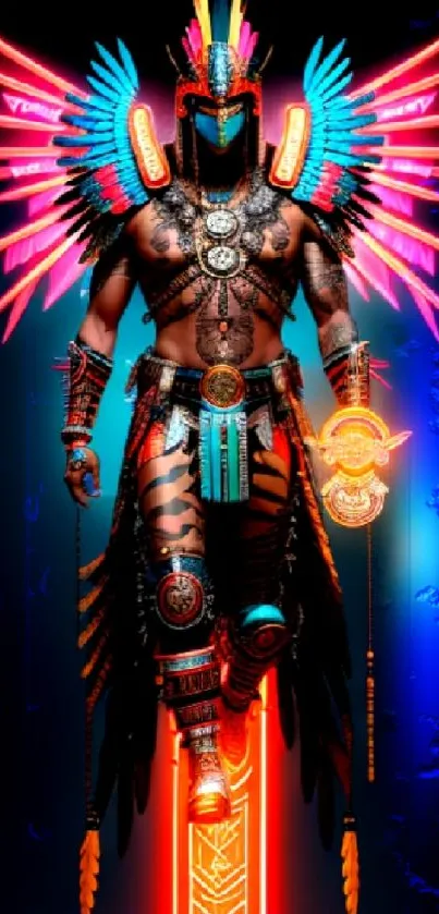 Colorful warrior with neon wings and tribal armor.