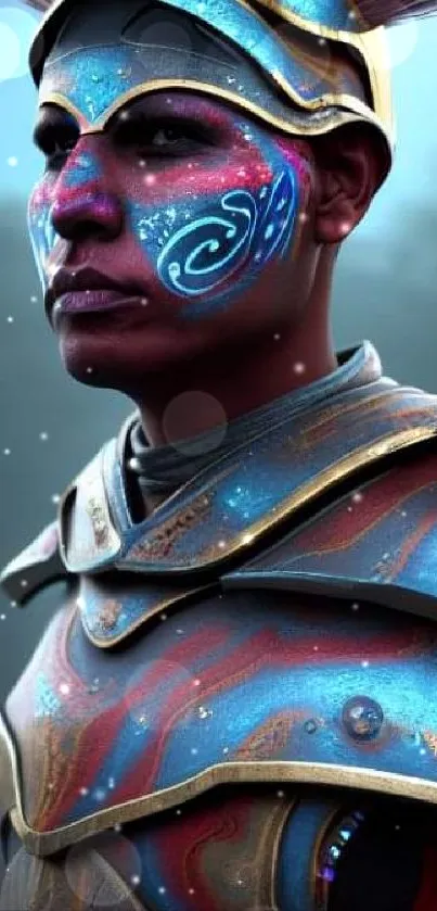 Fantasy warrior in vibrant armor with intricate face paint, blue-dominant color scheme.