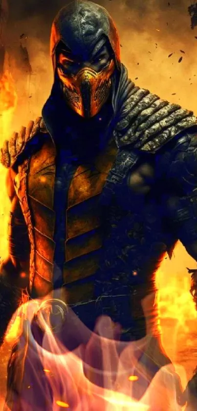 Warrior stands boldly amidst fiery flames.