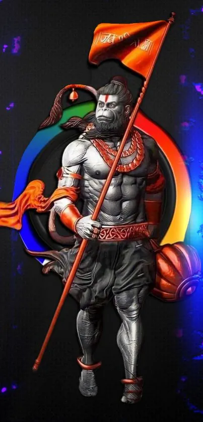 Colorful warrior holding a flag with a vibrant ring background on mobile wallpaper.