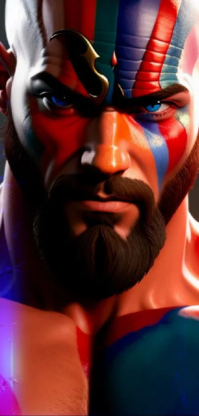 Warrior with red and blue face paint, intense gaze.