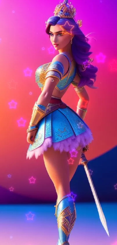 Vibrant warrior princess in colorful armor with a mystical background.