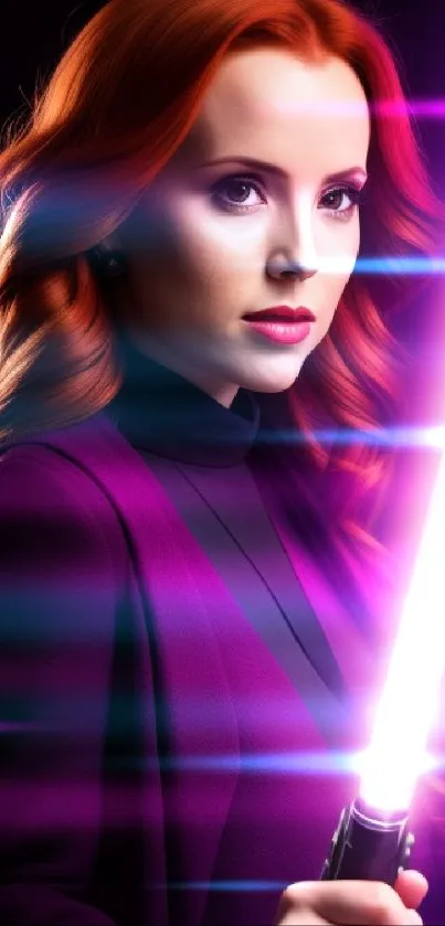 Vibrant woman with purple lightsaber in vivid mobile wallpaper.