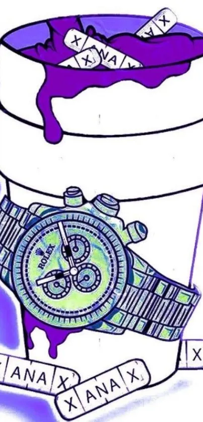 Artistic wallpaper of a watch and cup in purple hues.