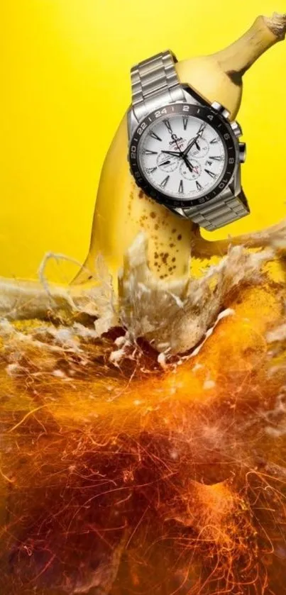 Watch on a banana amid splashing liquid on a yellow background.