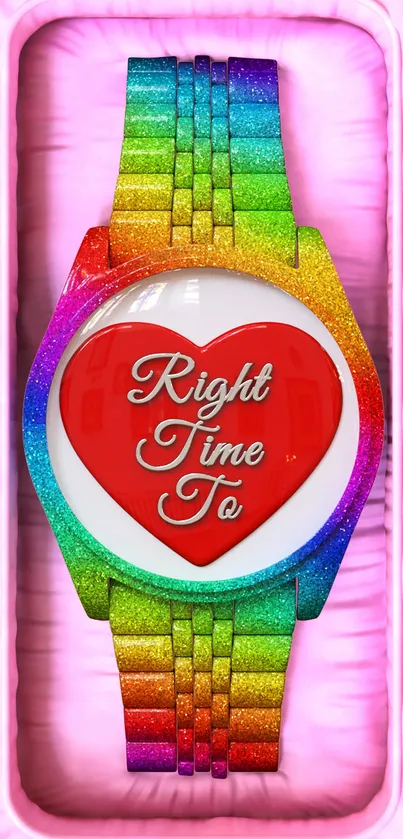 Rainbow watch with red heart on pink background.