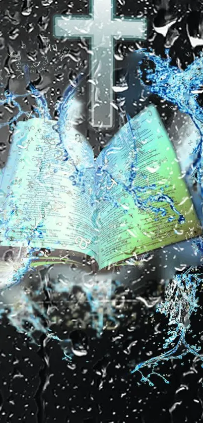 Mobile wallpaper with Bible, water splash, and cross on black background.