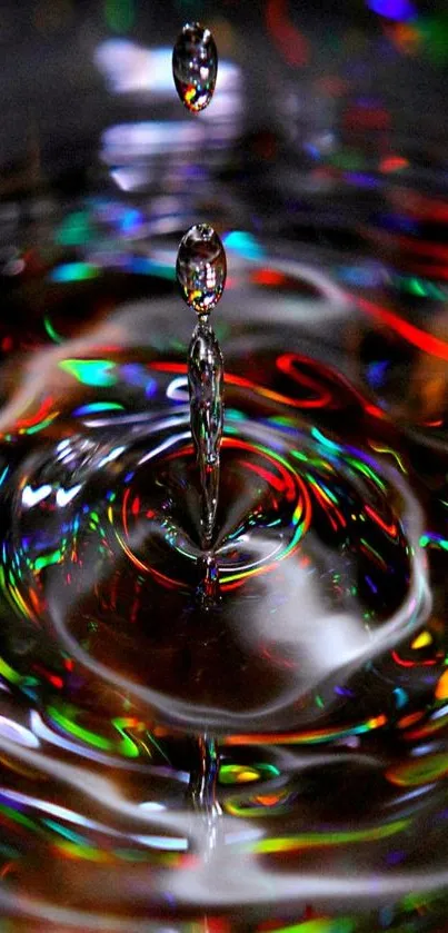 Vibrant water droplet with abstract colorful reflections for phone wallpaper.