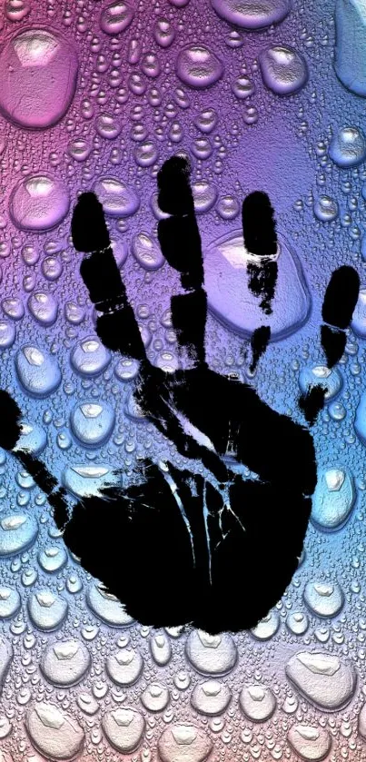 Colorful wallpaper with handprint and water droplets.