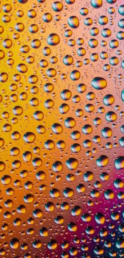 Colorful water droplets on an orange gradient background.