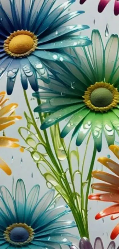 Colorful daisy flowers with water droplets on petals.
