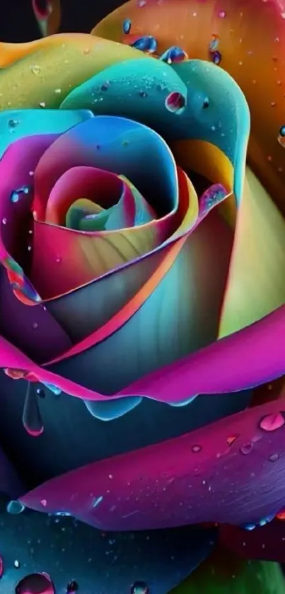 Vibrant rainbow rose with water droplets.