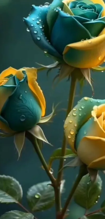 Blue and yellow roses with water droplets on a teal background.