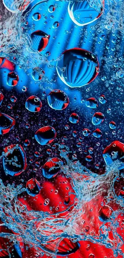 Colorful abstract wallpaper with blue and red hues and water droplets.