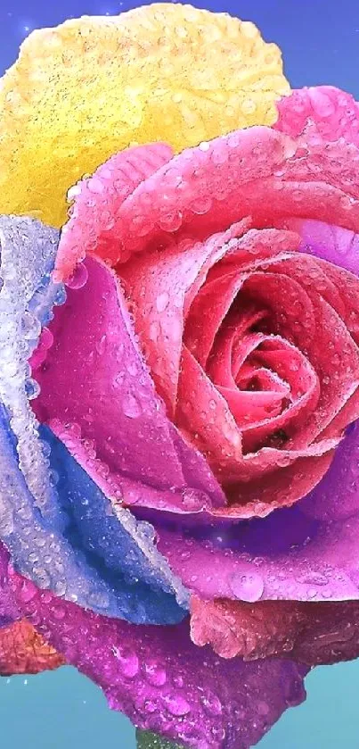 Vibrant rose with water droplets on a colorful background.