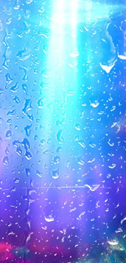 Vibrant blue and purple wallpaper with water droplets effect.