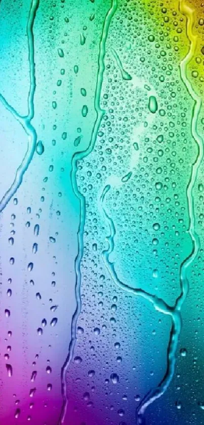 Colorful rainbow water droplets on vibrant wallpaper.