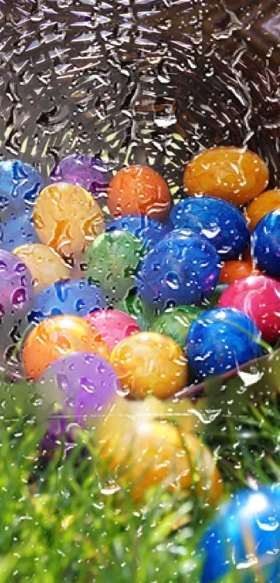 Colourful Easter eggs with water droplets on glass.