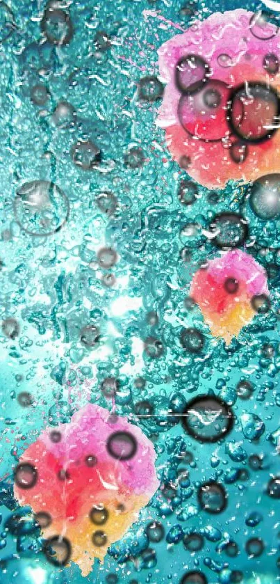 Colorful water droplets on teal background with bright accents.