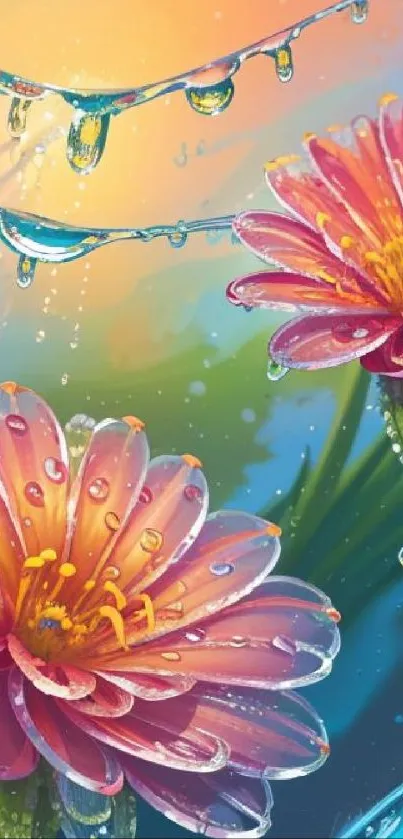 Colorful floral wallpaper with water droplets on flowers.