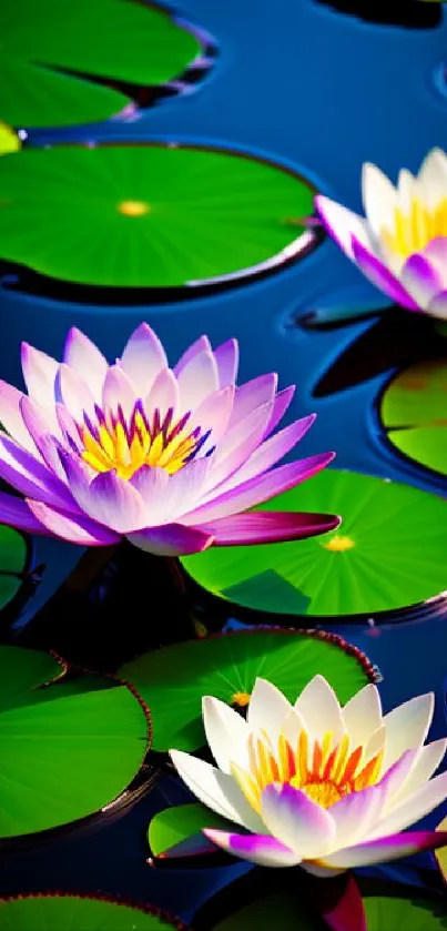 Vibrant purple water lilies floating on green lily pads.