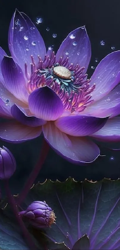 Vibrant purple water lily with droplets.