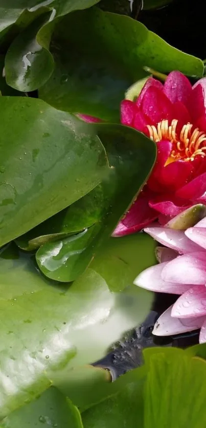 Vibrant water lillies among lush green leaves wallpaper.