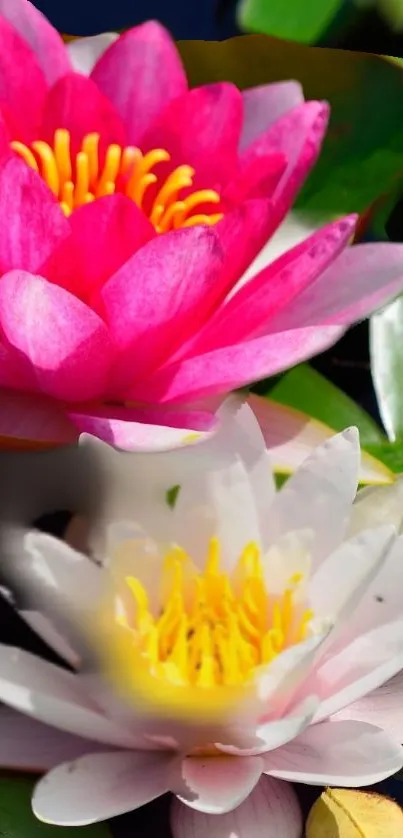 Pink and white water lilies on green lily pads.