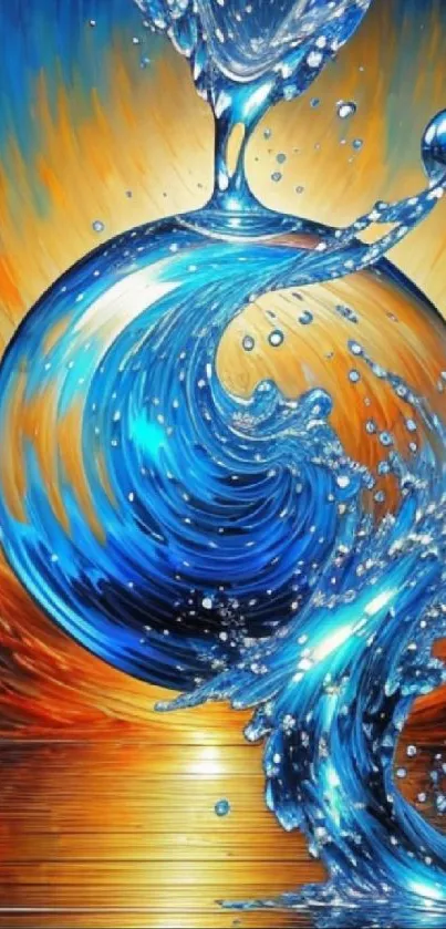 Colorful wallpaper of a swirling water orb with vibrant blue and orange hues.