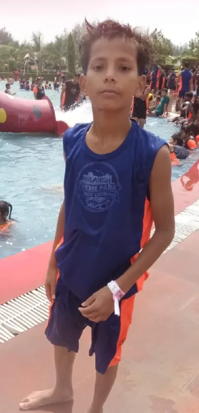 Child enjoying at water park in vibrant summer setting.