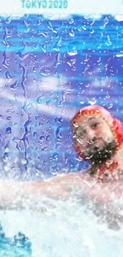 Water polo player saving a shot in vibrant color.