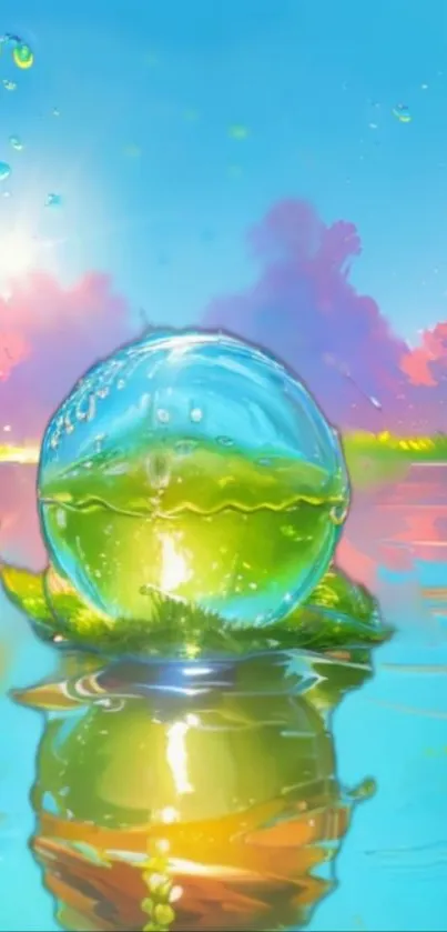 Vibrant water sphere reflecting colorful nature on a mobile wallpaper.