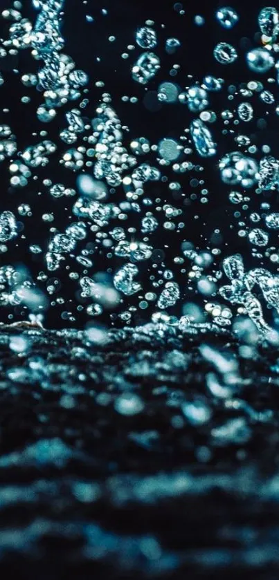 Dynamic water splash wallpaper with blue droplets on dark background.