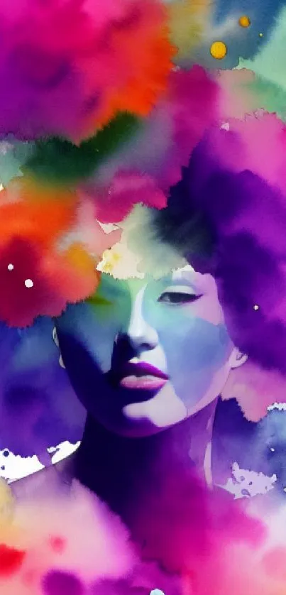 Vibrant watercolor abstract art with a serene face blending into colors.