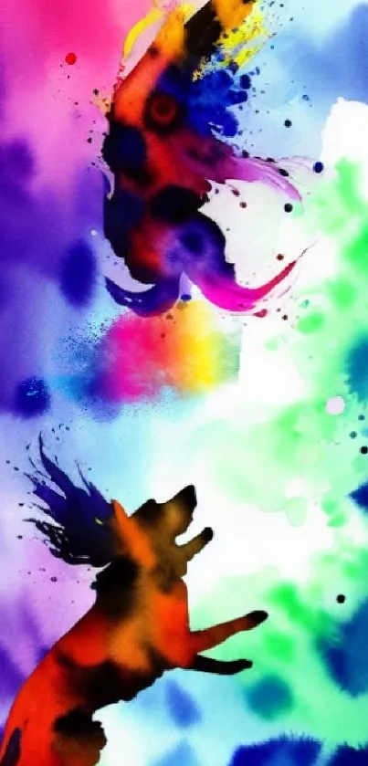 Colorful abstract watercolor depicting vibrant animal forms.