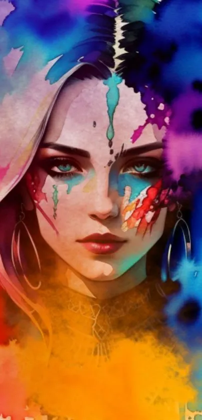 Vibrant watercolor face art with colorful splashes.