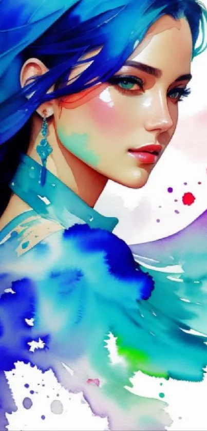 Vibrant watercolor portrait with blue hues.