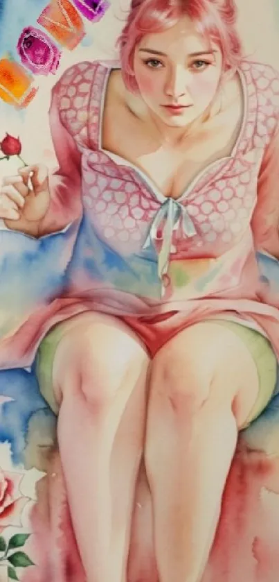 Watercolor art of a girl with pink hair, surrounded by flowers.