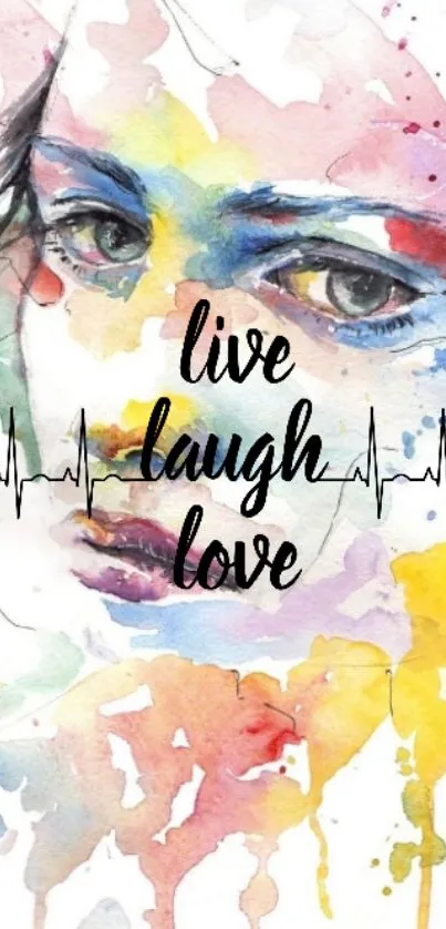 Watercolor portrait art with 'Live Laugh Love' text.