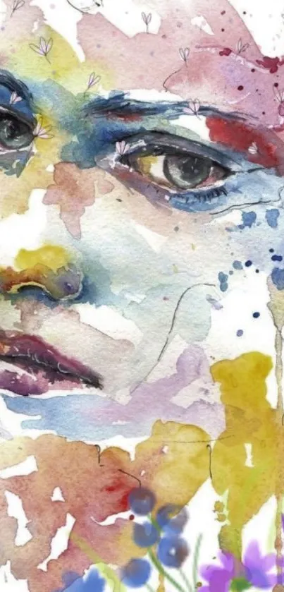 Colorful watercolor portrait with purple hues and expressive splashes.